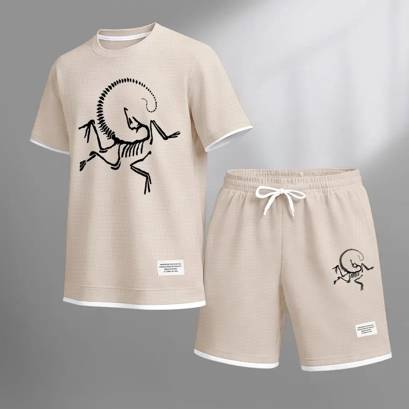 Men's Skeleton Bird Print Waffle Fabric Short-Sleeved Shirt And Shorts Set