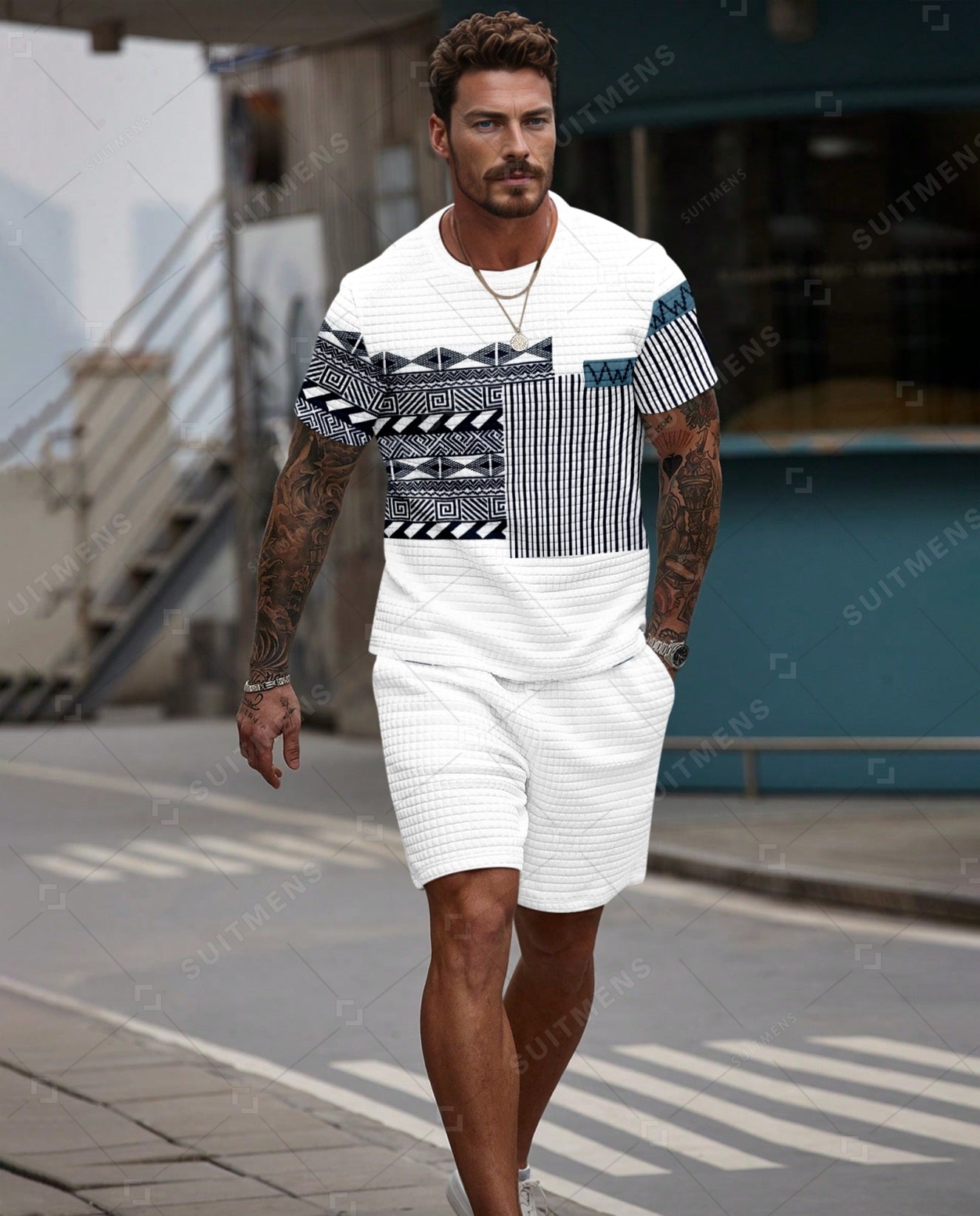 Men's Casual Waffle Textured Summer Round Neck Short Sleeve Shorts Set 002