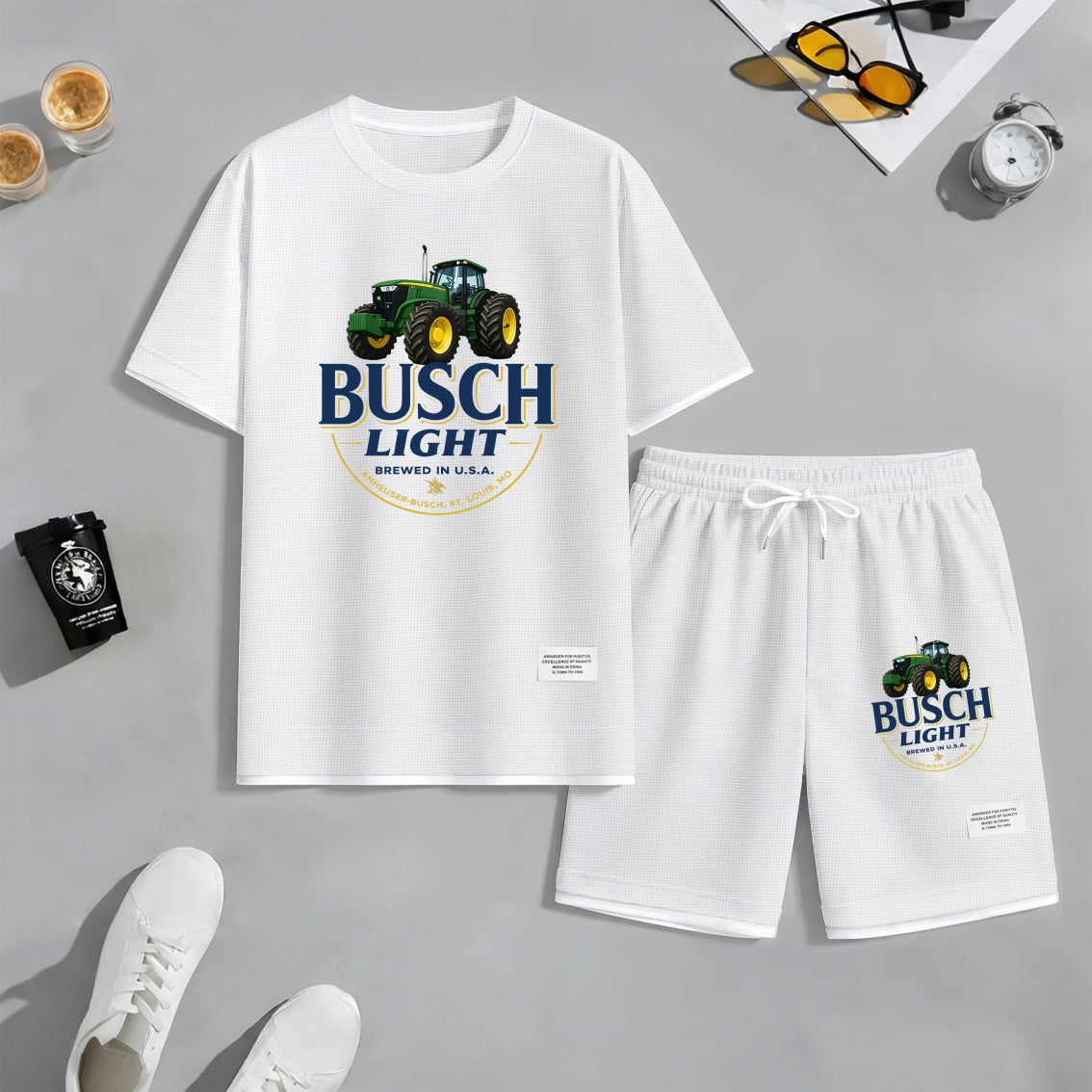 Men's Outdoor Iced Beer Print Waffle Fabric Short-Sleeved Shirt And Shorts Set