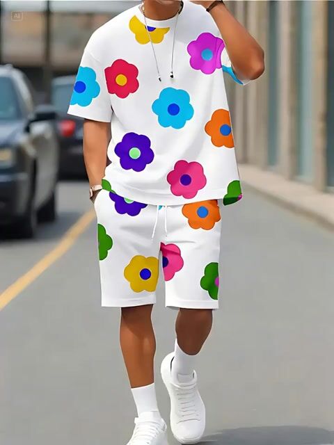 Men's Floral Summer Round Neck Set 131