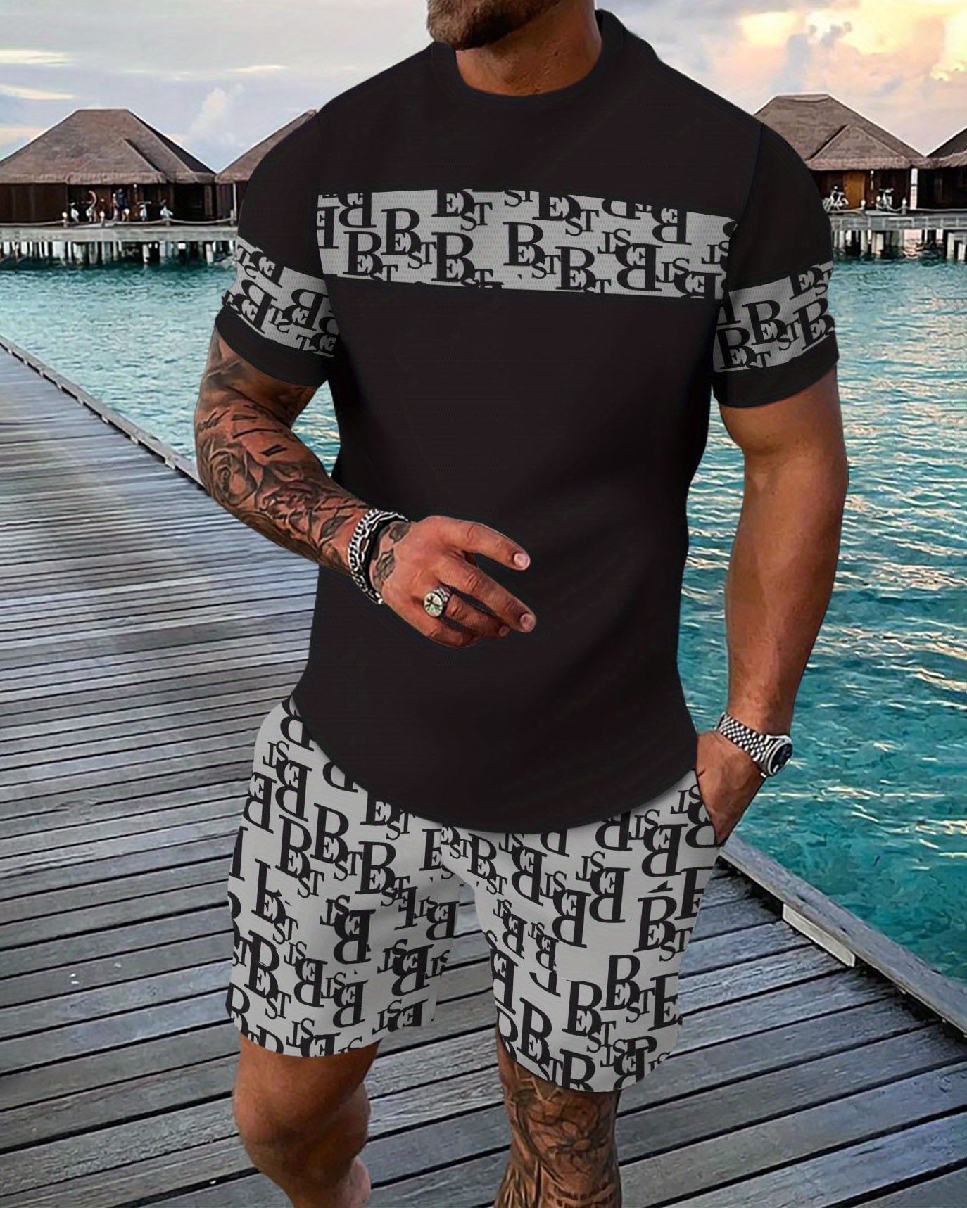 Men's Colorblock Summer Round Neck Set 123
