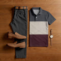 Men's Casual Dark Gray Beige Deep Red Color Matching Printed Short Sleeved Polo Shirt & Trousers Two-Piece Set