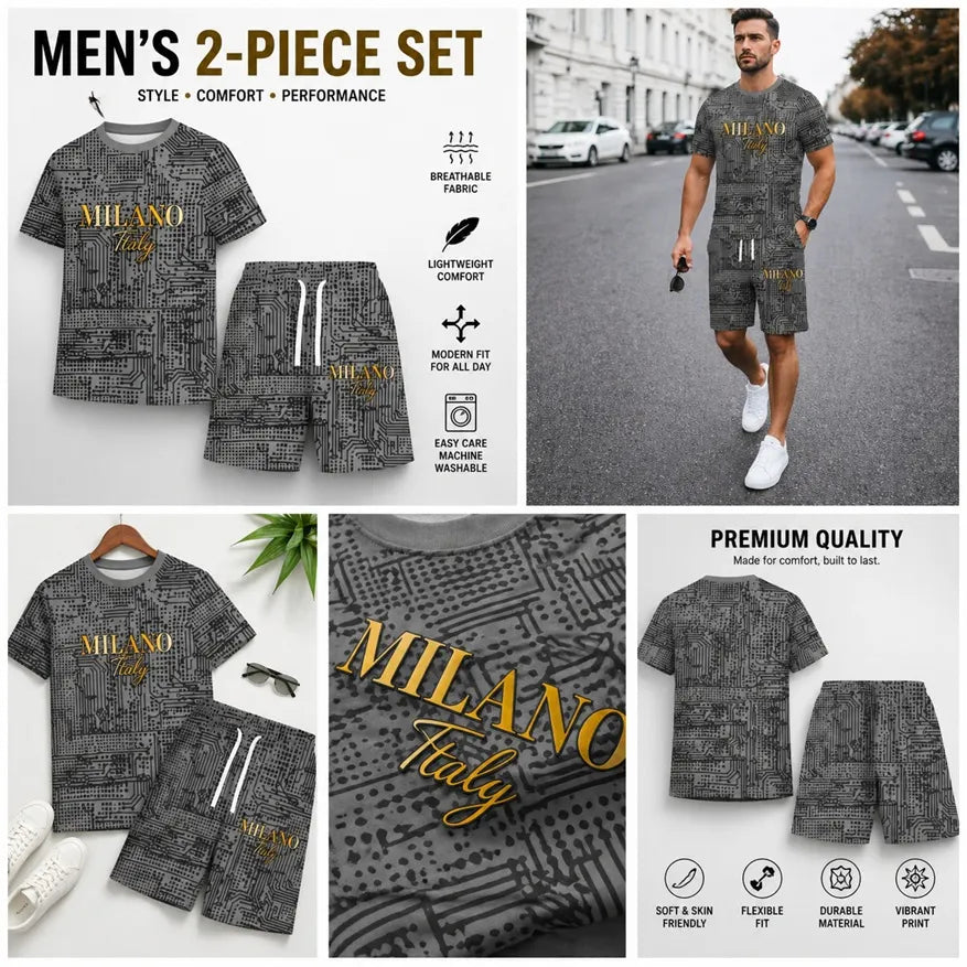 Men’s MILANO Graphic 2 Piece Outfit, Short Sleeve Tee and Drawstring Shorts Set, Breathable Casual Summer Set for Gym, Running, Vacation, Beach and Outdoor