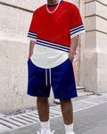 Men's Summer Color Matching Print Round Neck Set 373