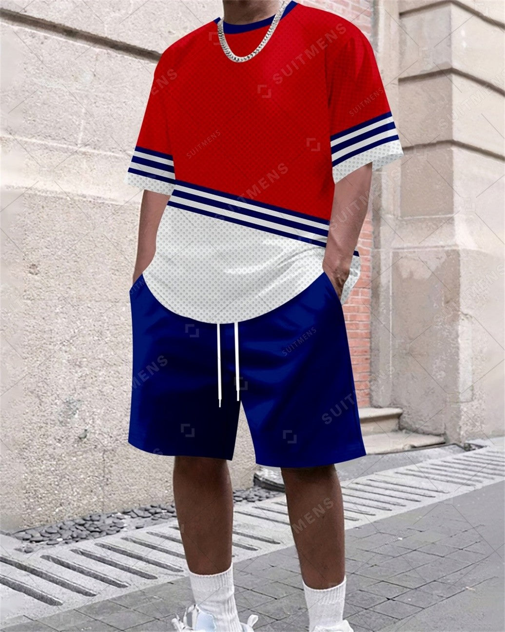 Men's Summer Color Matching Print Round Neck Set 373