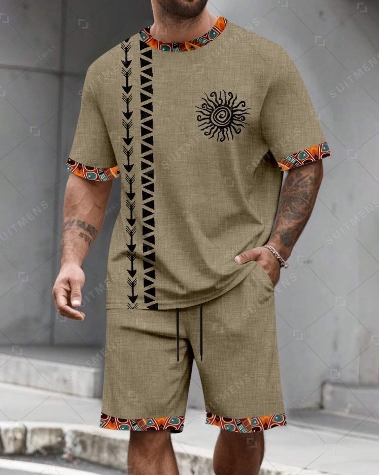 Men's Summer Colorblock Printed Round Neck Suit 082