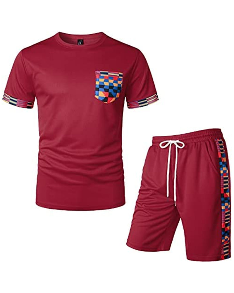 Men's Printed Colorblock T-Shirt and Shorts Set 004