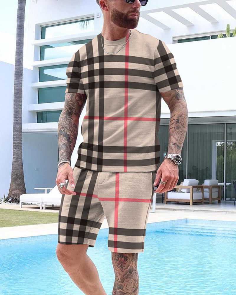 Men's Check Print Shorts Set 32