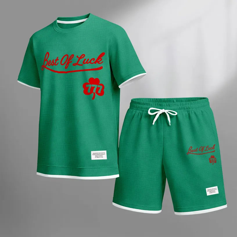 Men's Casual Style 777 Print Waffle Fabric Short-Sleeved Shirt And Shorts Set