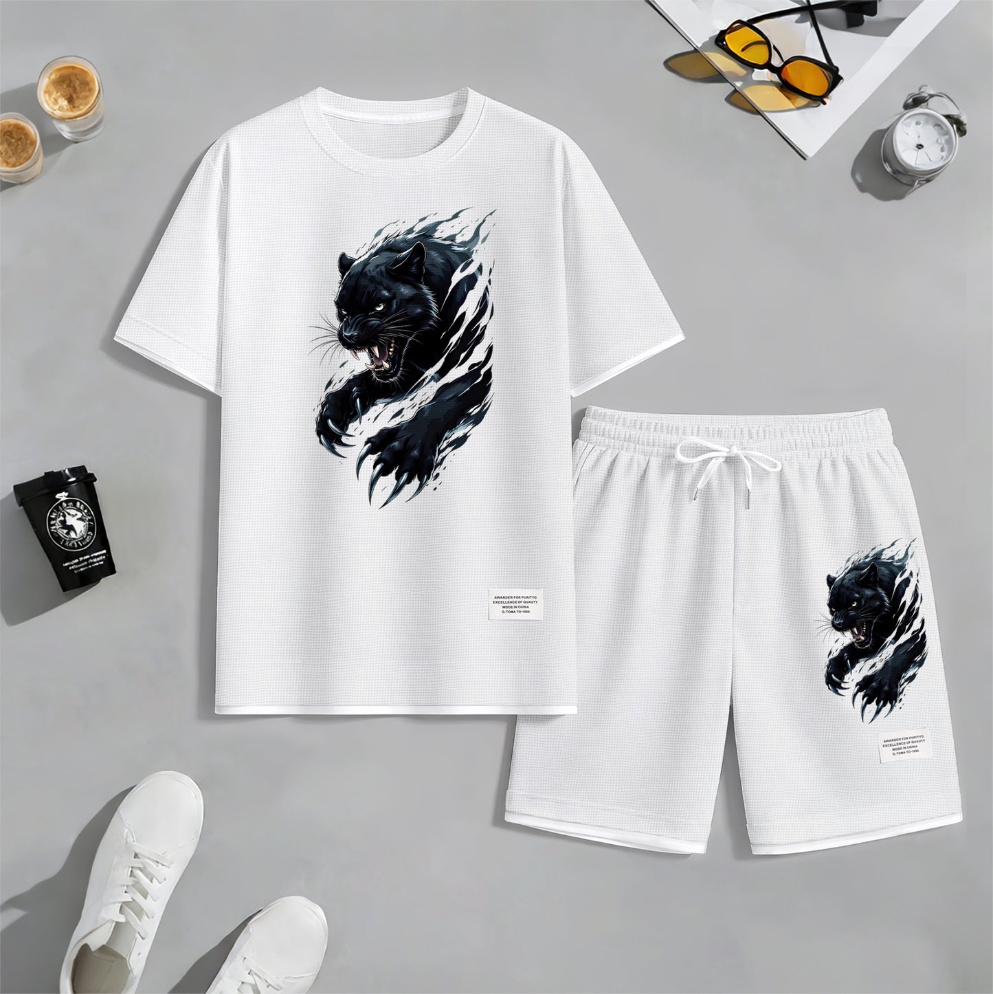 Men's Black Panther Graphic Print Waffle Short Sleeve T-Shirt & Shorts Set, Summer Lightweight Sporty Casual Two-Piece Outfit, Streetwear for Gym & Daily Wear