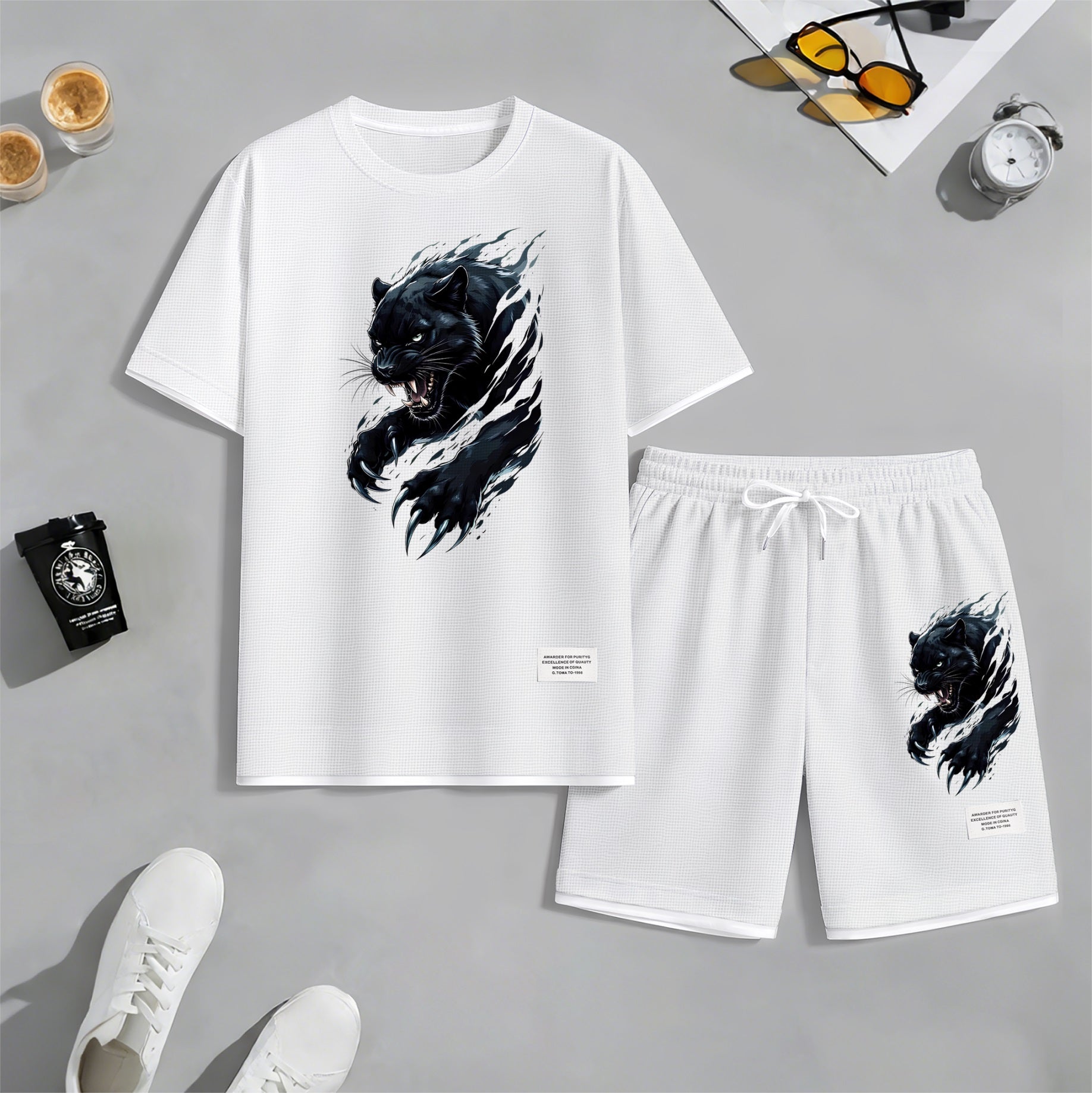 Men's Black Panther Graphic Print Waffle Short Sleeve T-Shirt & Shorts Set, Summer Lightweight Sporty Casual Two-Piece Outfit, Streetwear for Gym & Daily Wear