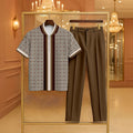 Men's Casual Coffee & Khaki Color Matching Vintage Checkered Printed Zipper Short Sleeved Polo Shirt & Trousers Two-Piece Set