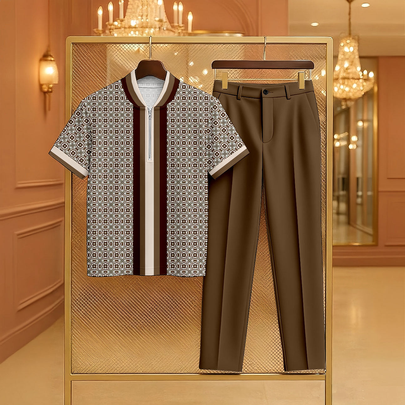 Men's Casual Coffee & Khaki Color Matching Vintage Checkered Printed Zipper Short Sleeved Polo Shirt & Trousers Two-Piece Set