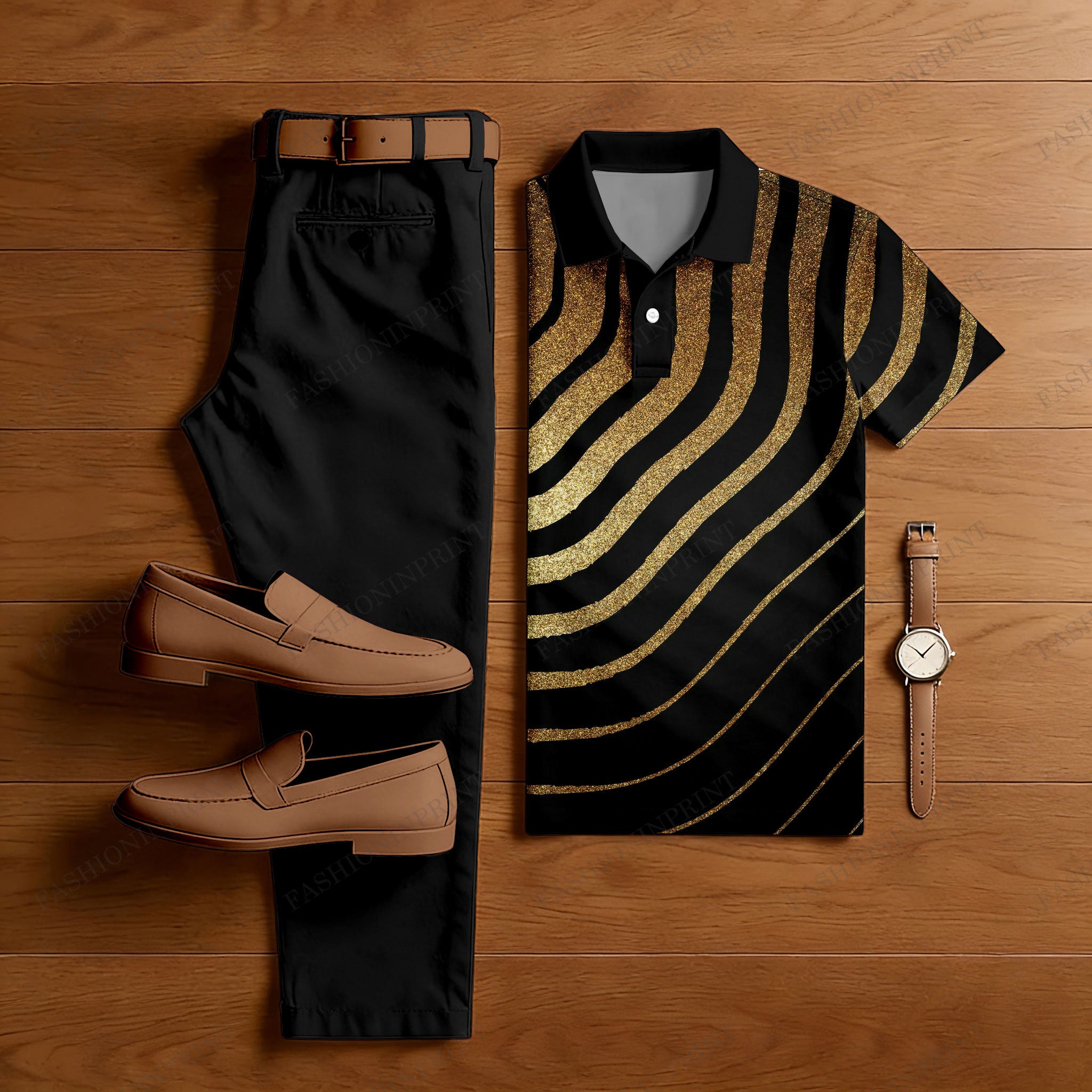 Men's Casual Black & Gold Color Matching Zibra Printed Short Sleeved Polo Shirt & Trousers Two-Piece Set