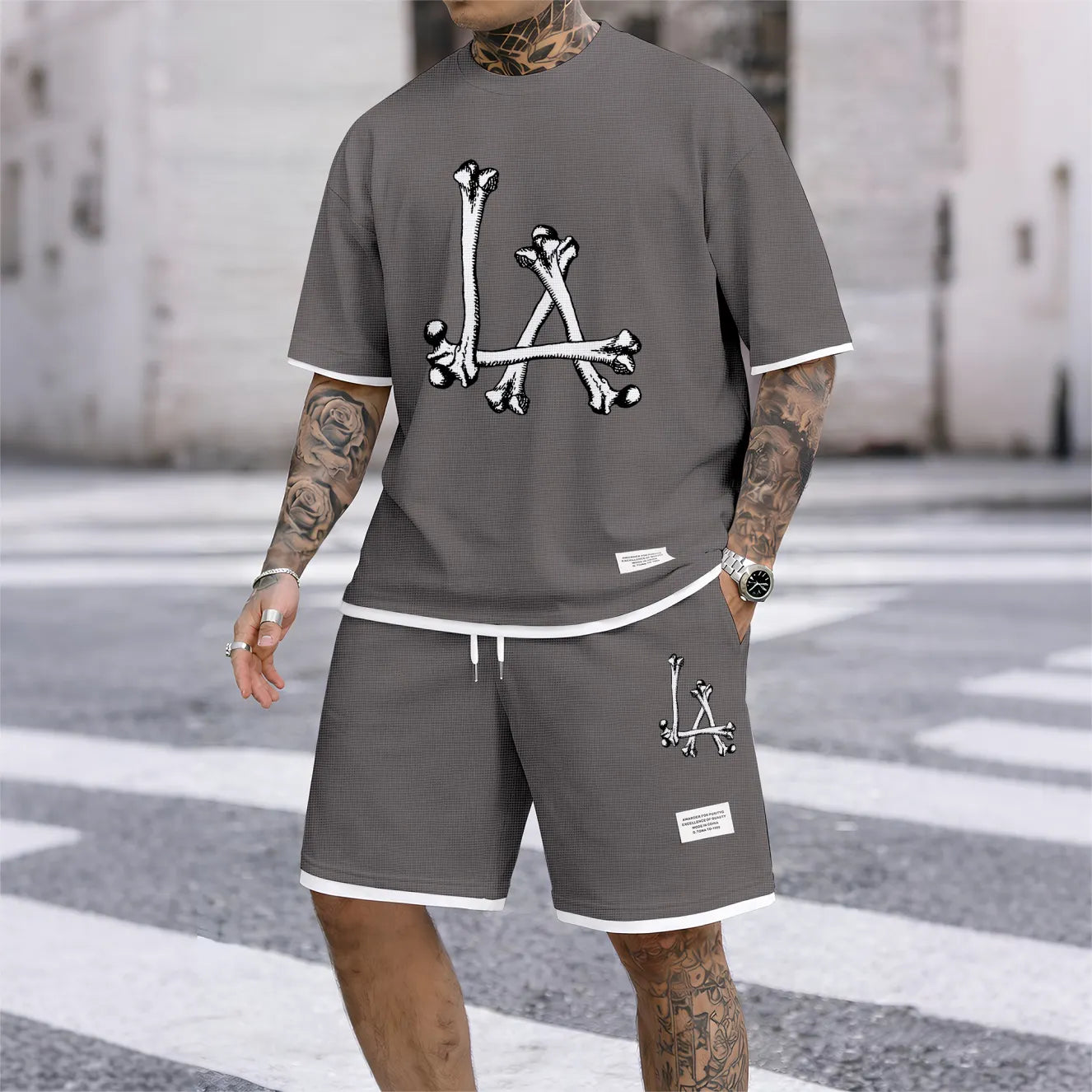 Men's Streetwear Skeleton Print Waffle Fabric Short-Sleeved Shirt And Shorts Set
