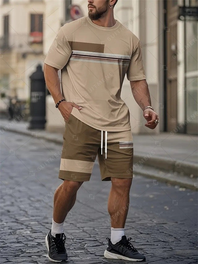 Men's Summer Colorblock Printed Round Neck Set 750