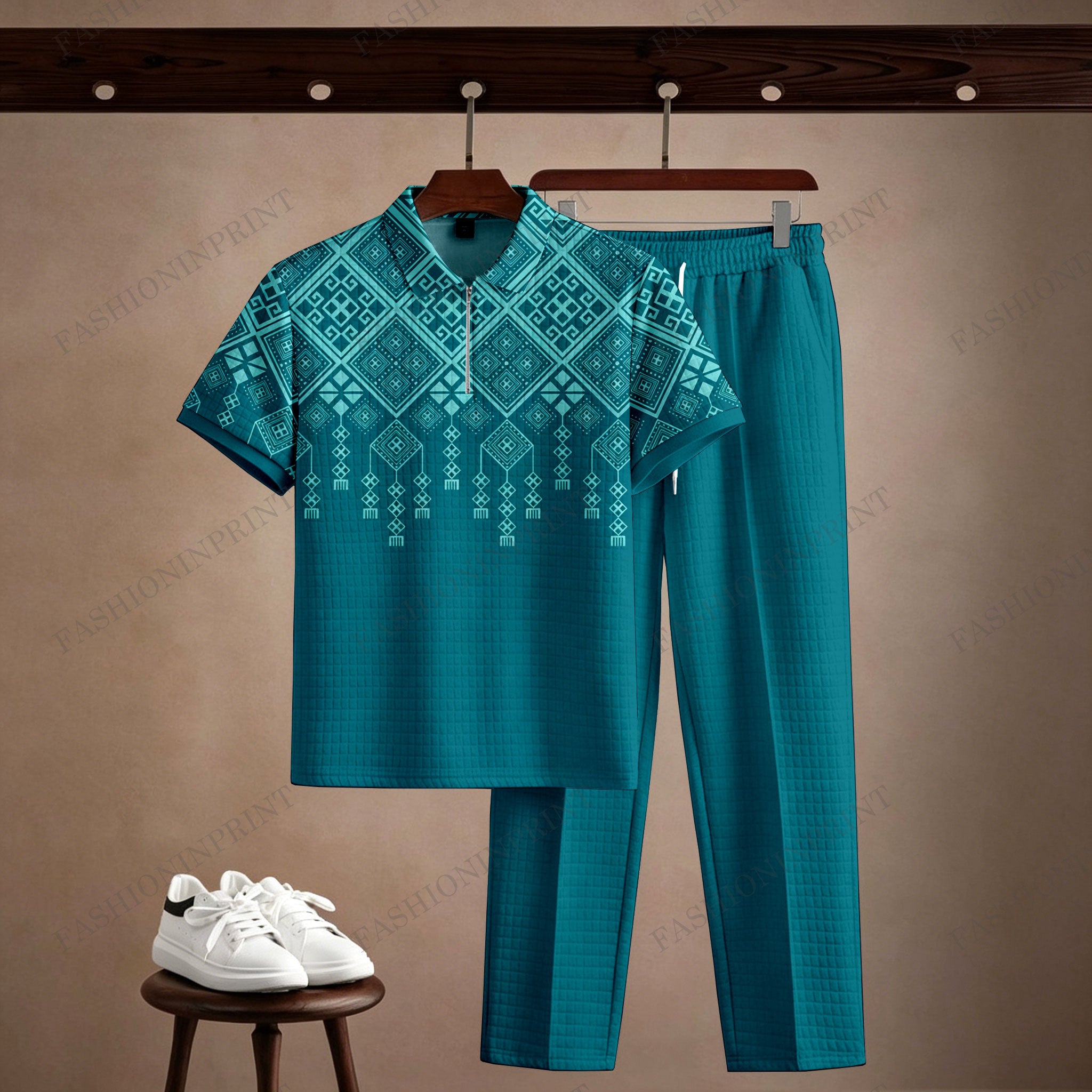 Men's Casual Printed Polo Short-Sleeve T-Shirt And Pants Two-Piece Set