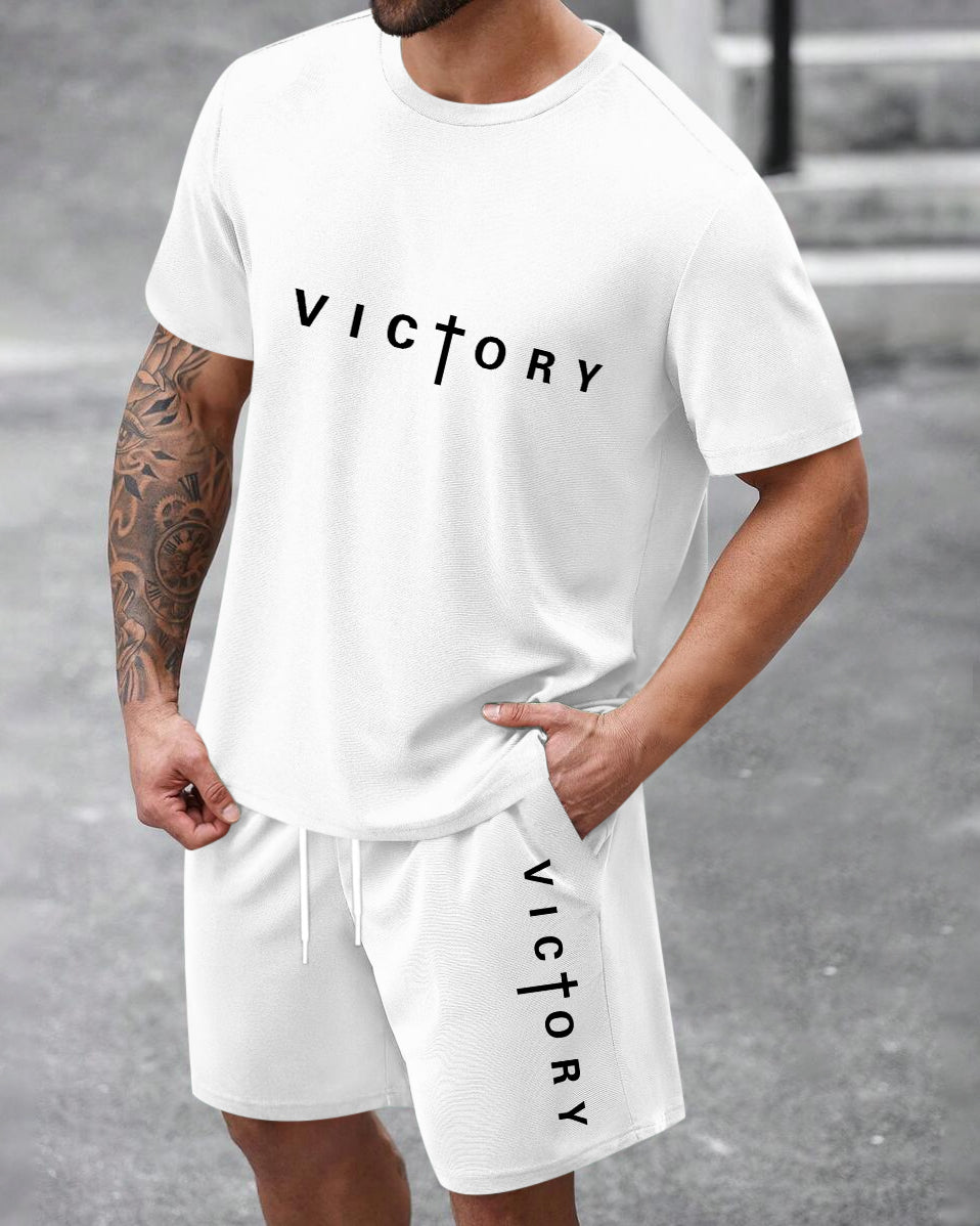 Men's Summer Colorblock Printed Round Neck Set 467