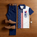Men's 250Th Anniversary Navy Blue & White Color Matching Printed Short Sleeved Polo Shirt & Trousers Two-Piece Set