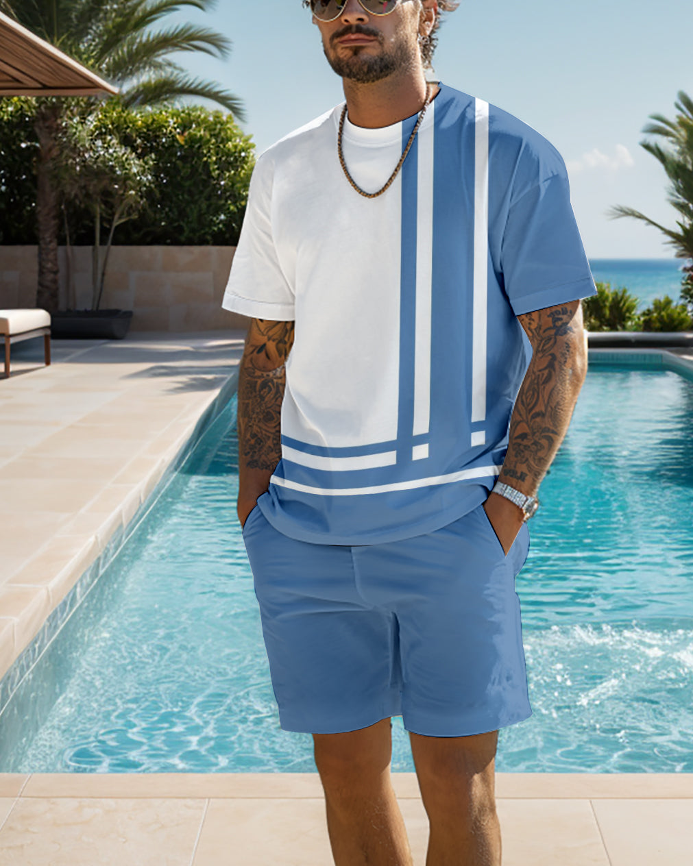 Men's color block printed shorts set 466