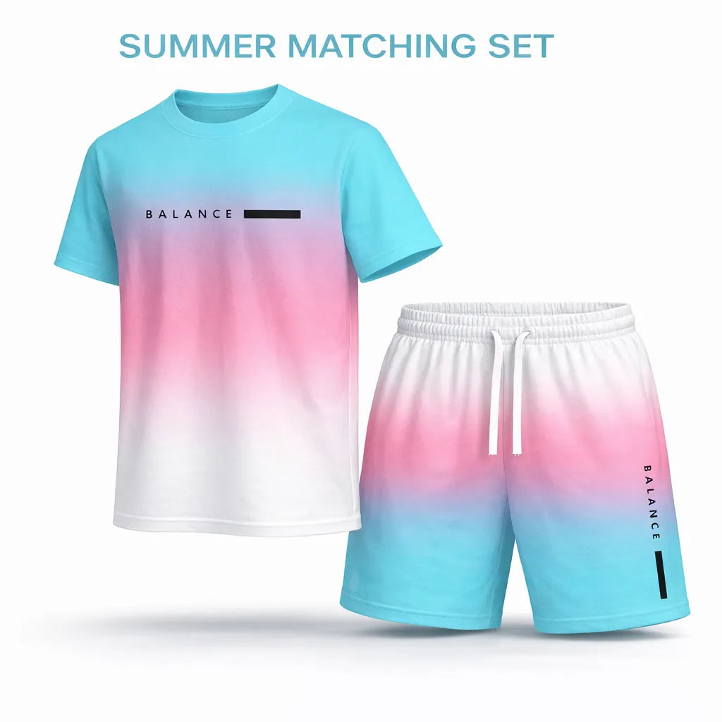 Men’s Summer 2 Piece Set, Gradient Color Short Sleeve T Shirt and Drawstring Shorts Matching Outfit, Lightweight Breathable Casual Set for Beach, Vacation, Gym, Travel, Running, and Daily Wear