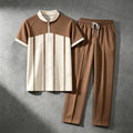 Men's Casual Brown & Off-White Geometric Print Crew Neck Short-Sleeve Shirt & Long Pants Set With Zipper Detail