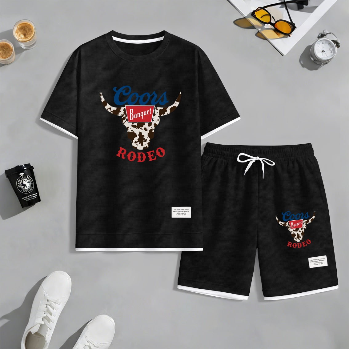 Men's Vintage Alpine Beer Print Waffle Fabric Short-Sleeved Shirt And Shorts Set
