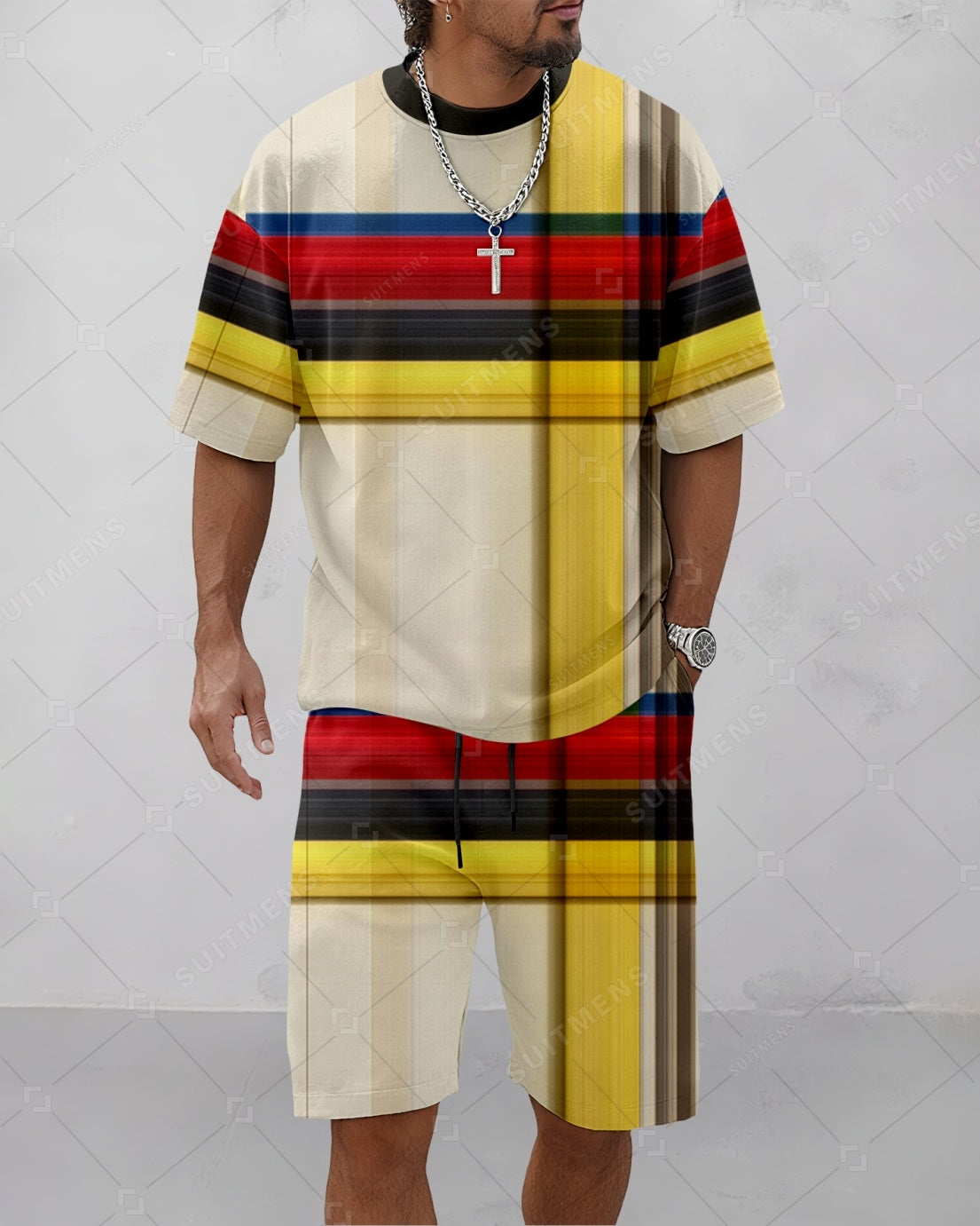 Men's Summer Colorblock Printed Round Neck Suit 076