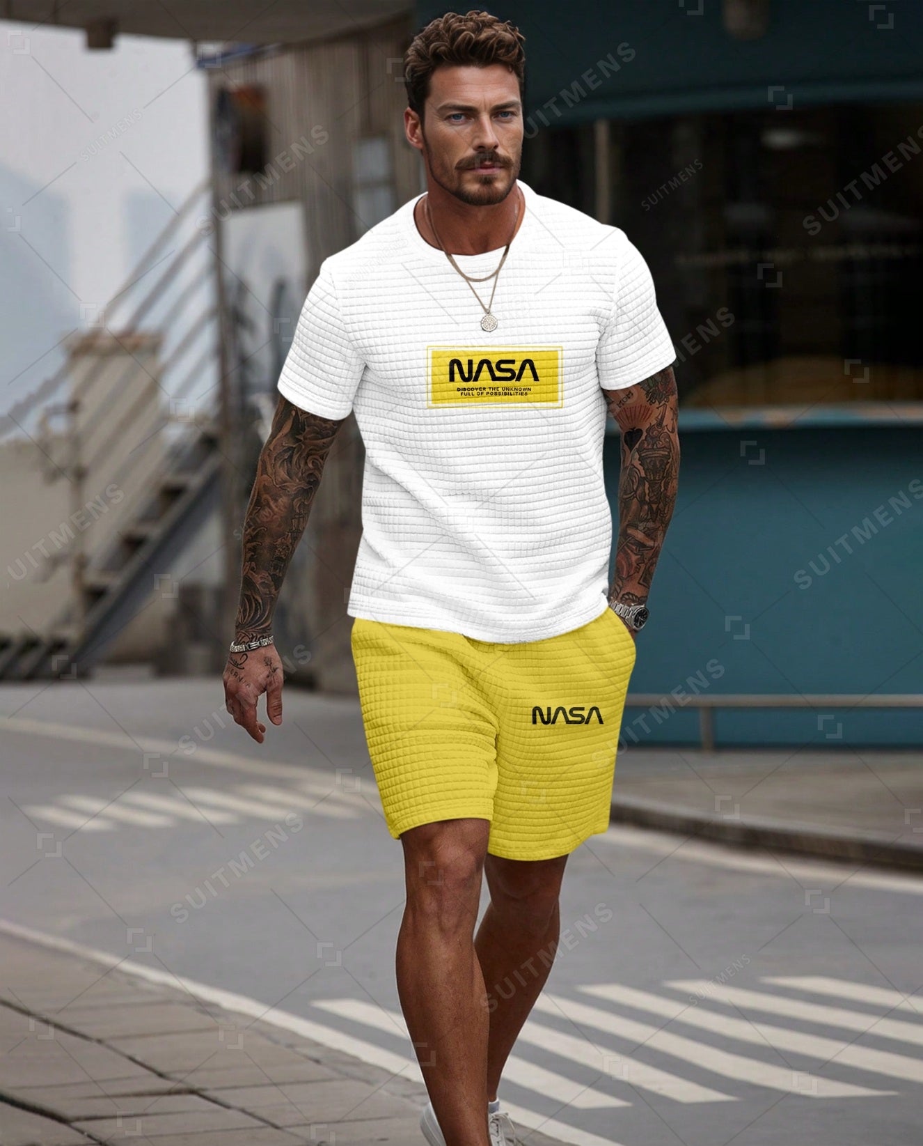 Men's Casual Waffle Textured Summer Round Neck Short Sleeve Shorts Set 008