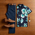 Men's Casual Navy Blue Printed Polo Shirt And Pants Two-Piece Set