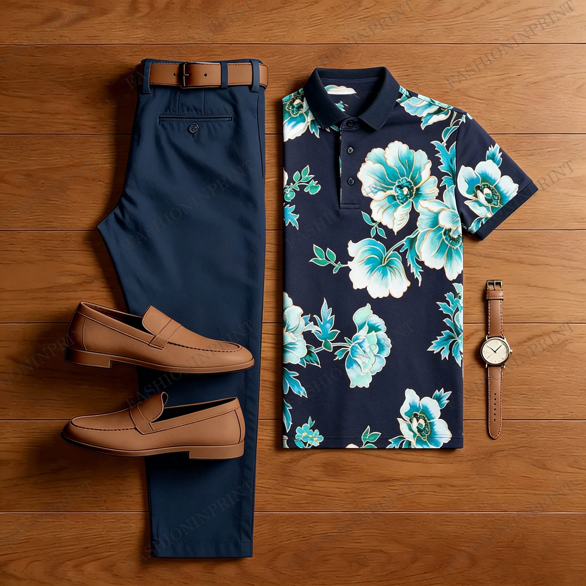Men's Casual Navy Blue Printed Polo Shirt And Pants Two-Piece Set