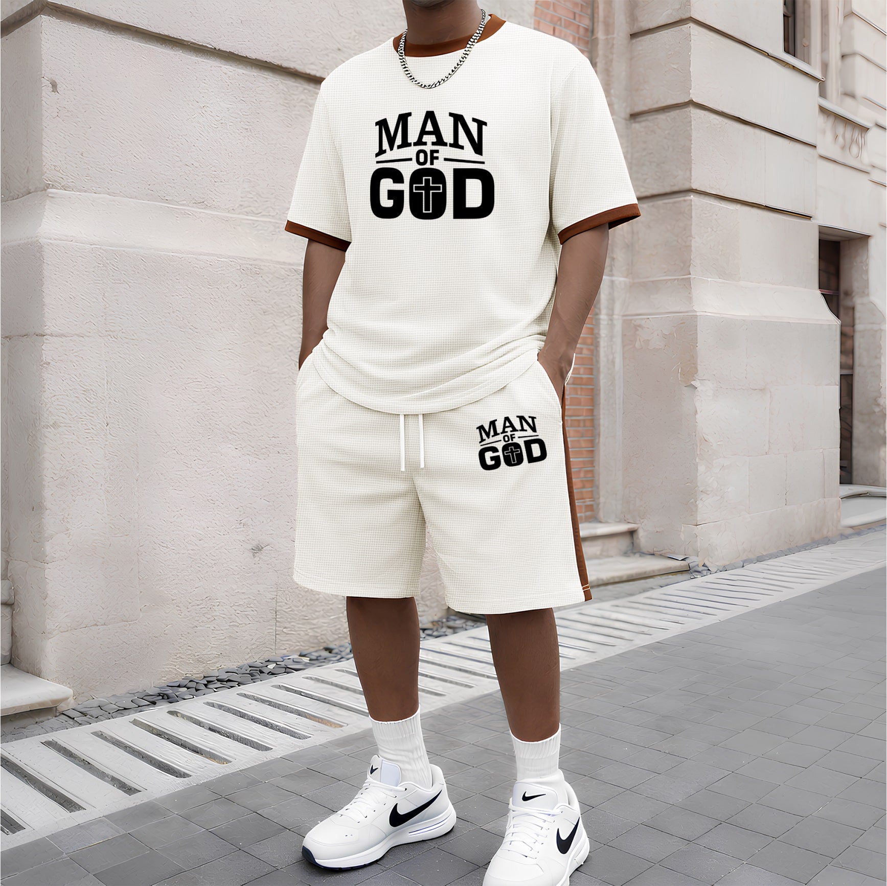 Men's God Graphic Short-Sleeved T-Shirt And Drawstring Shorts Set, Men's Clothing, Casual Sports Short-Sleeved Top And Shorts, Men's Summer Everyday Wear, Indoor And Outdoor Sportswear, Sports Set
