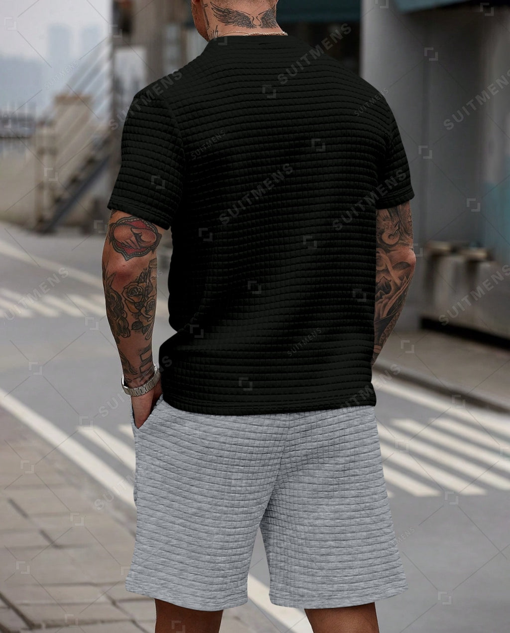 Men's Casual Waffle Textured Summer Round Neck Short Sleeve Shorts Set 003