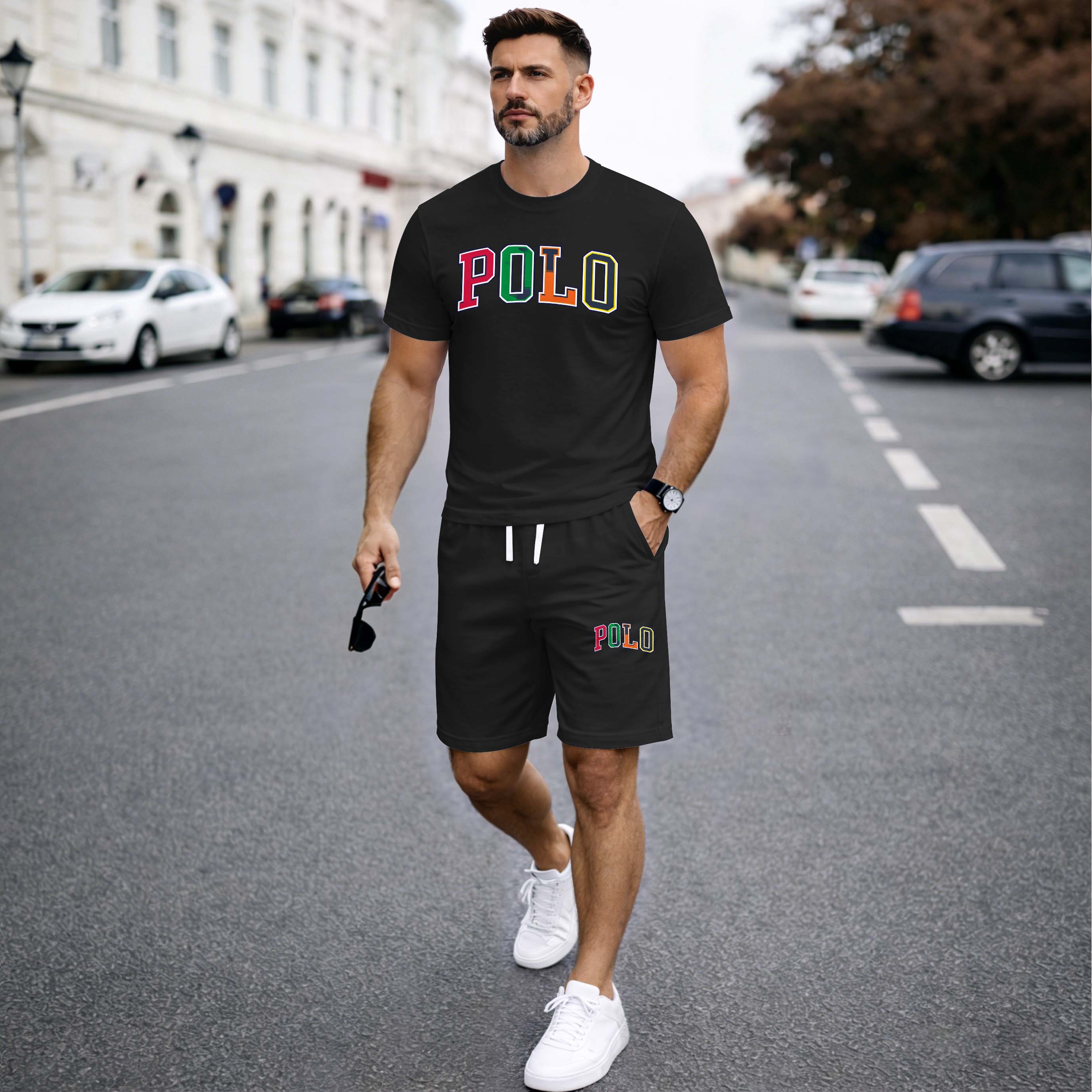 Men’s Summer 2 Piece Set, Letter Print Short Sleeve T Shirt and Drawstring Shorts Matching Outfit, Lightweight Breathable Casual Set for Travel, Streetwear, Beach, Vacation, and Daily Wear
