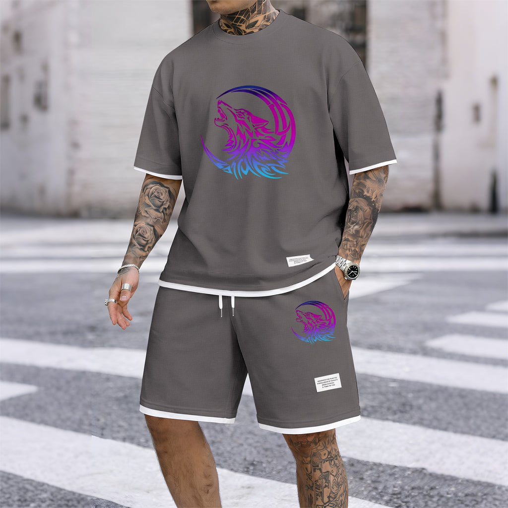 Men's Gradient Wolf & Moon Graphic Print Waffle Short Sleeve T-Shirt & Shorts Set, Summer Lightweight Sporty Casual Two-Piece Outfit, Streetwear for Gym & Daily Wear