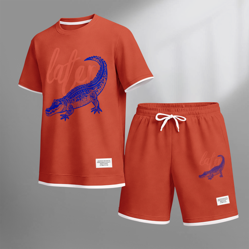 Men's Casual Style Crocodile Print Waffle Fabric Short-Sleeved Shirt And Shorts Set