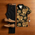 Men's Casual Black Printed Polo Shirt And Pants Two-Piece Set