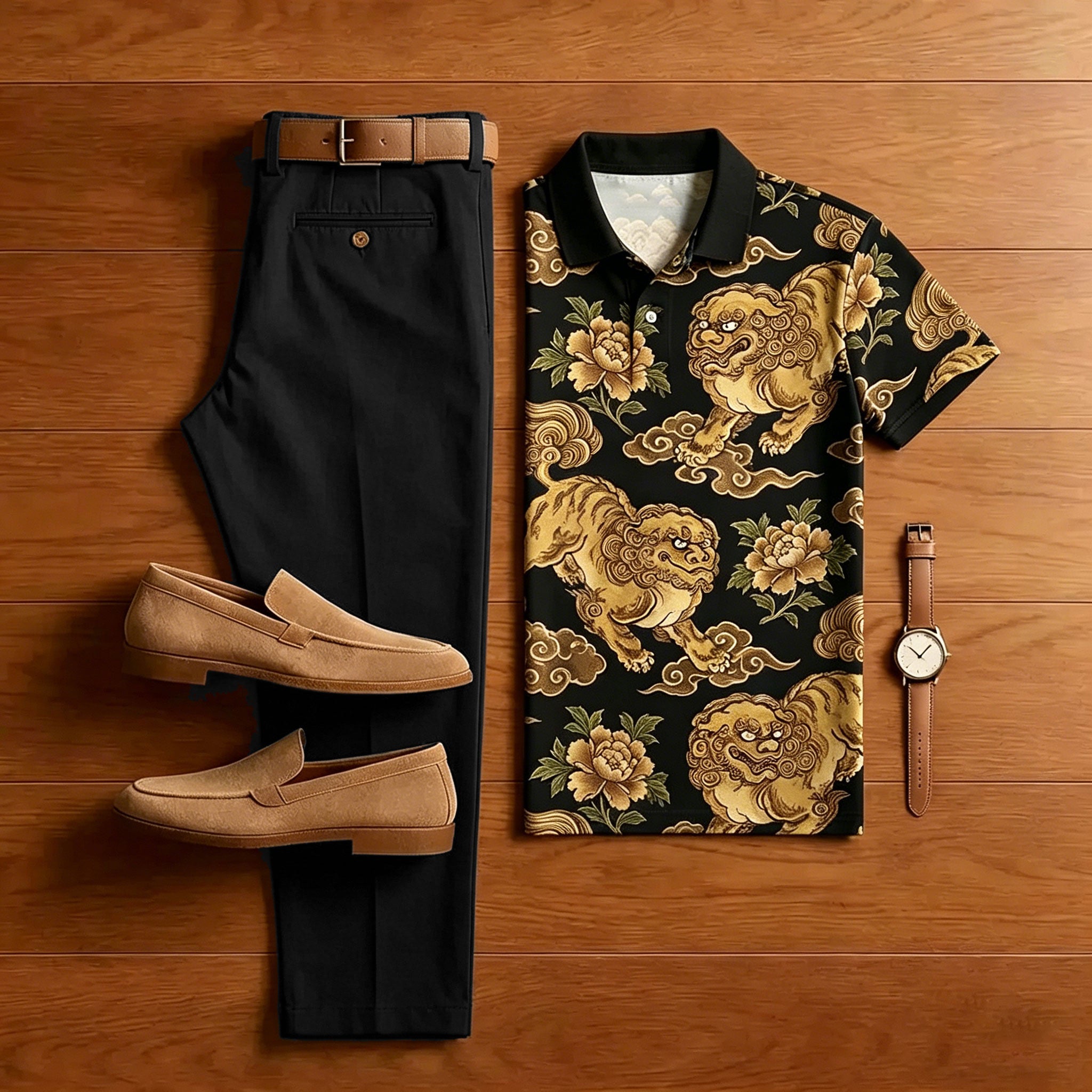 Men's Casual Black Printed Polo Shirt And Pants Two-Piece Set