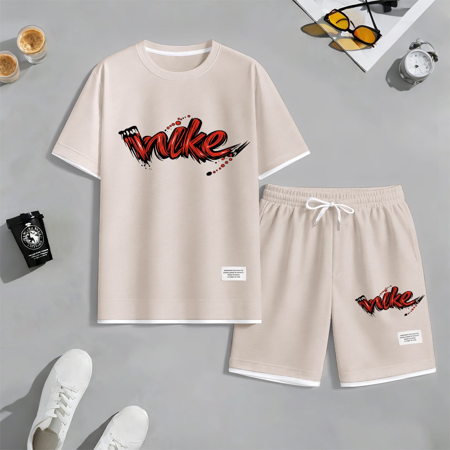 Men's Red Graffiti-Style Art Letter Print Fake Two-Piece Short Sleeve T-Shirt & Shorts Set, Summer Waffle Breathable Sporty Casual Two-Piece Outfit, Streetwear Gym Training Activewear