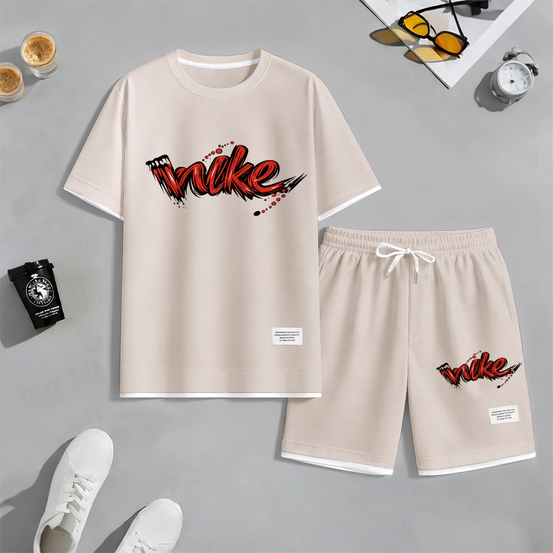 Men's Red Graffiti-Style Art Letter Print Fake Two-Piece Short Sleeve T-Shirt & Shorts Set, Summer Waffle Breathable Sporty Casual Two-Piece Outfit, Streetwear Gym Training Activewear