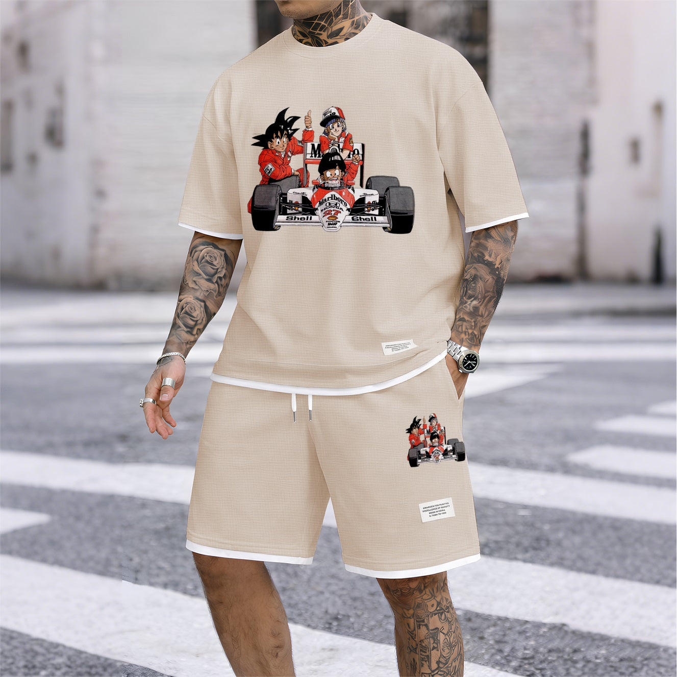 Men's Anime Racing Print Waffle Fabric Short-Sleeved Shirt And Shorts Set