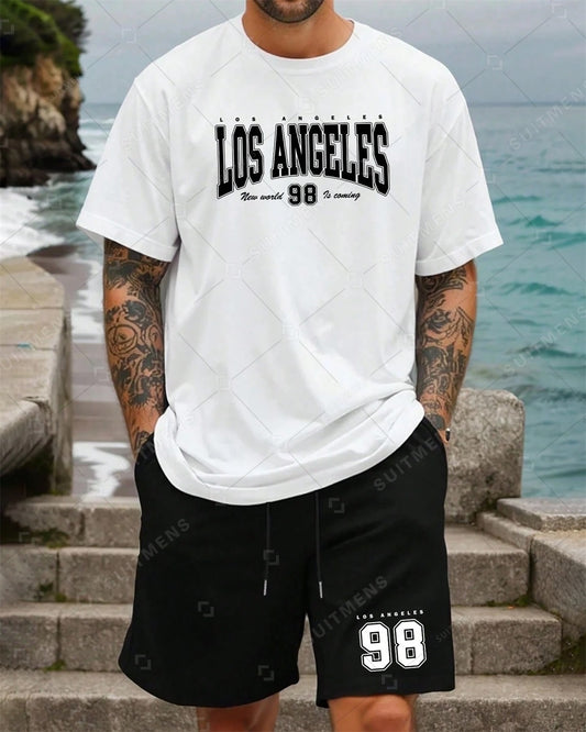 Men's Summer Color Matching Print Round Neck Set 233