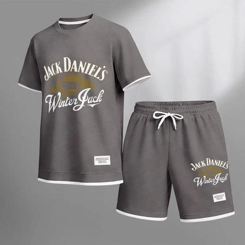 Men's Beer And Beverage Printed Drawstring Shorts Set, Suitable For Spring And Summer Wear, Casual Summer Set, Including Short-Sleeved Shirt And Shorts, Suitable For Everyday Wear And Sports 010