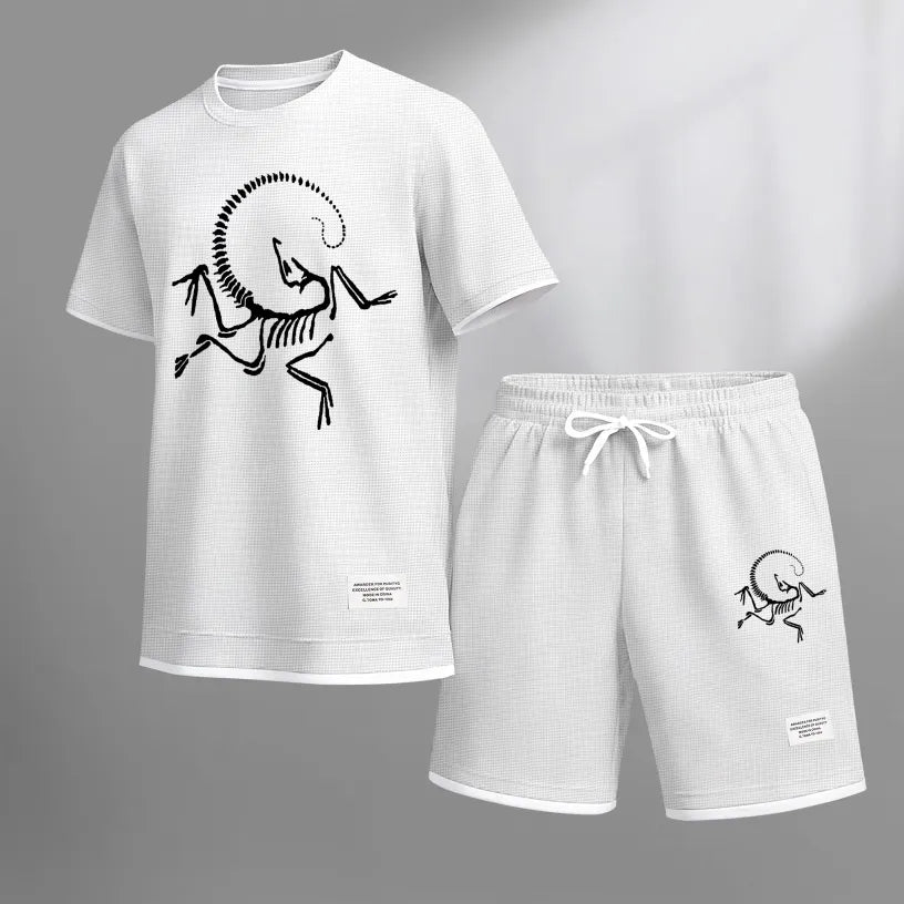 Men's Skeleton Bird Print Waffle Fabric Short-Sleeved Shirt And Shorts Set