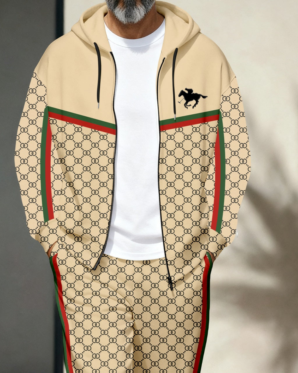 Men's Retro Luxury Thickened Fleece Colorblock Jacket Sports Hoodie Set 02