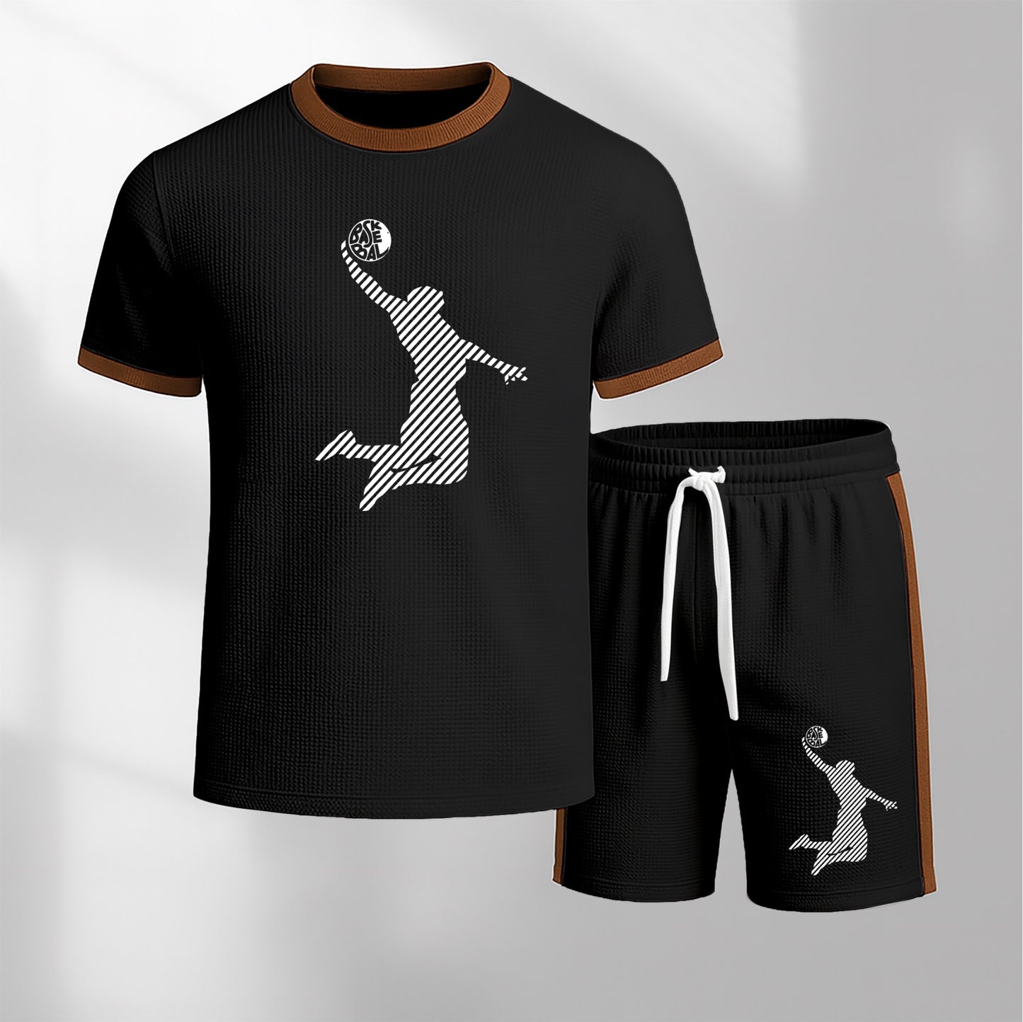 Men's Basketball Pattern Short-Sleeve T-Shirt and Drawstring Shorts Set, Men's Clothing, Casual Sporty Short-Sleeve Top and Shorts, Summer Men's Everyday Wear, Indoor and Outdoor Sportswear, Athletic Set