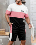 Men's Summer Color Matching Print Round Neck Set 231