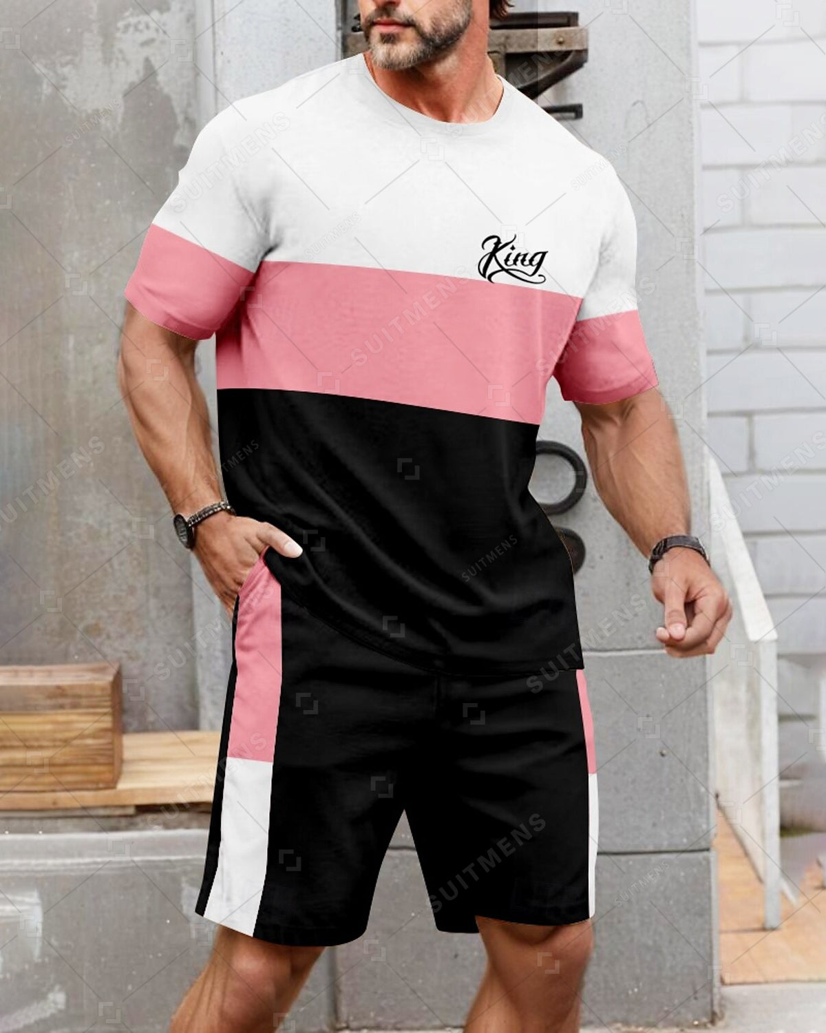 Men's Summer Color Matching Print Round Neck Set 231