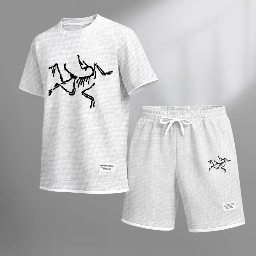 Men's Pixel-style Bird Skeleton Print Waffle Fabric Short-Sleeved Shirt And Shorts Set