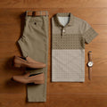Men's Casual Brown Color Matching Retro Style Checkered Printed Short Sleeved Polo Shirt & Trousers Two-Piece Set